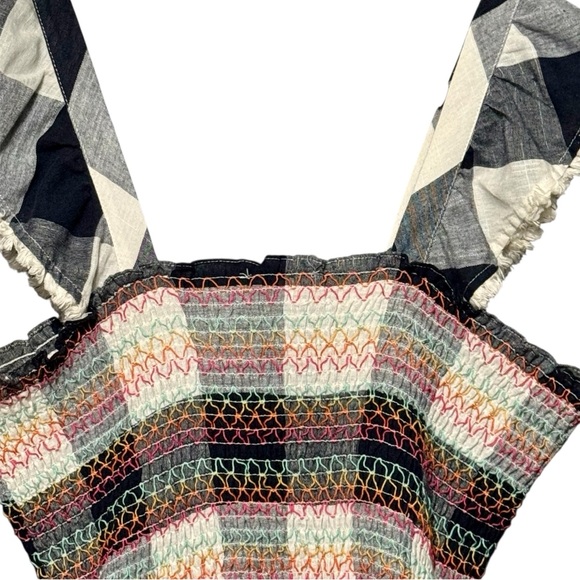 THML Cotton Smocked Bodice Fringe Trim Embroidered Gingham Plaid Sleeveless Top - Picture 7 of 11
